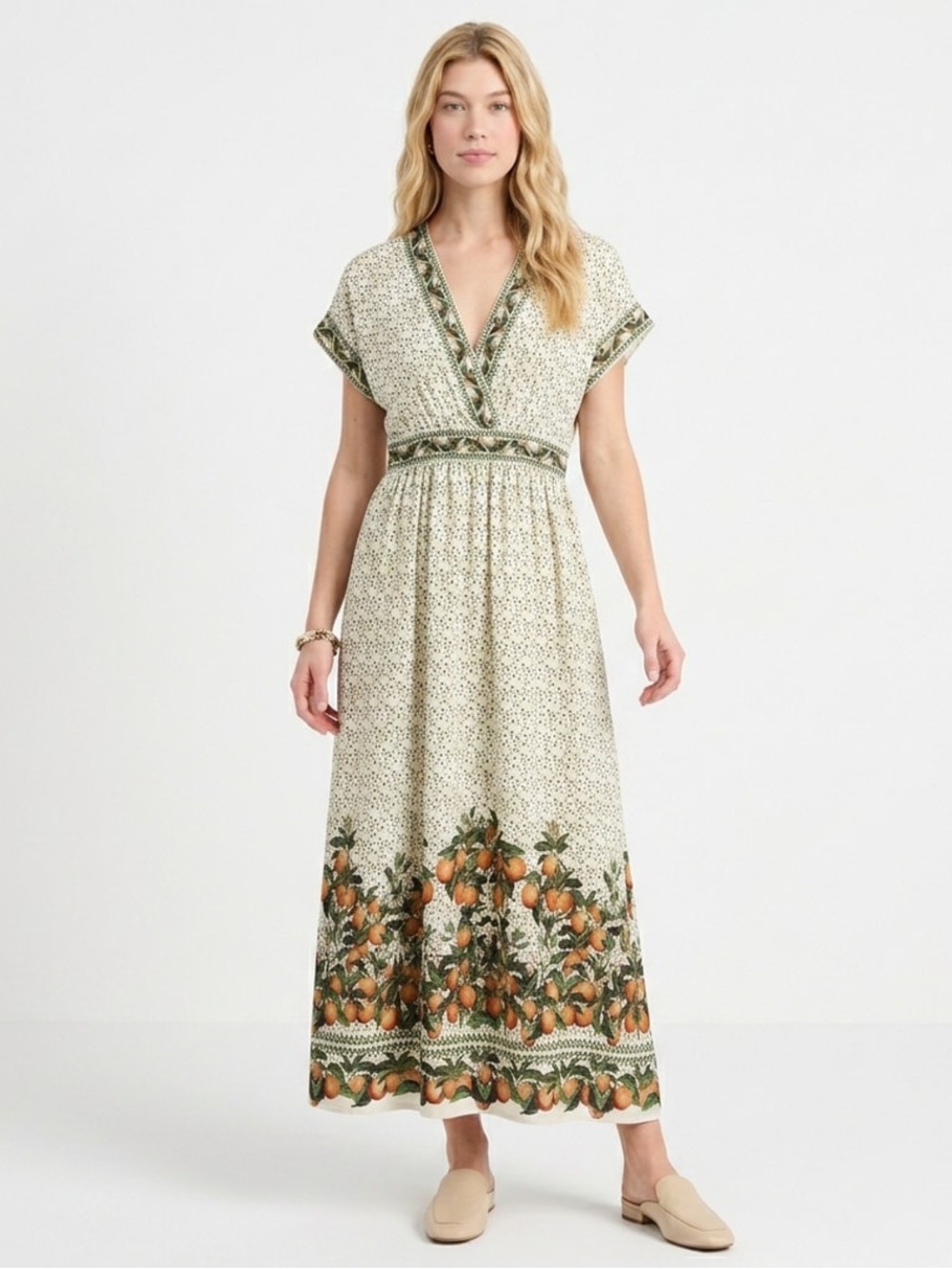 NWT Max Studio Maxi Dress White/Orange/Green Print Sz S Rayon/Linen Cottagecore